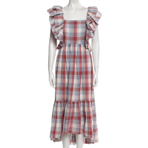 Ulla Johnson Frieda Check Gingham Red Blue White Sleeveless Ruffle Midi Dress XS - Picture 3 of 5